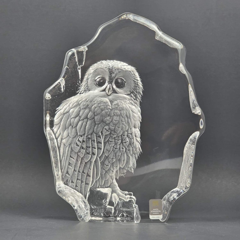 RARE FIND! Mats Jonasson Målerås Swedish Lead Crystal Owl Sculpture Design #9289